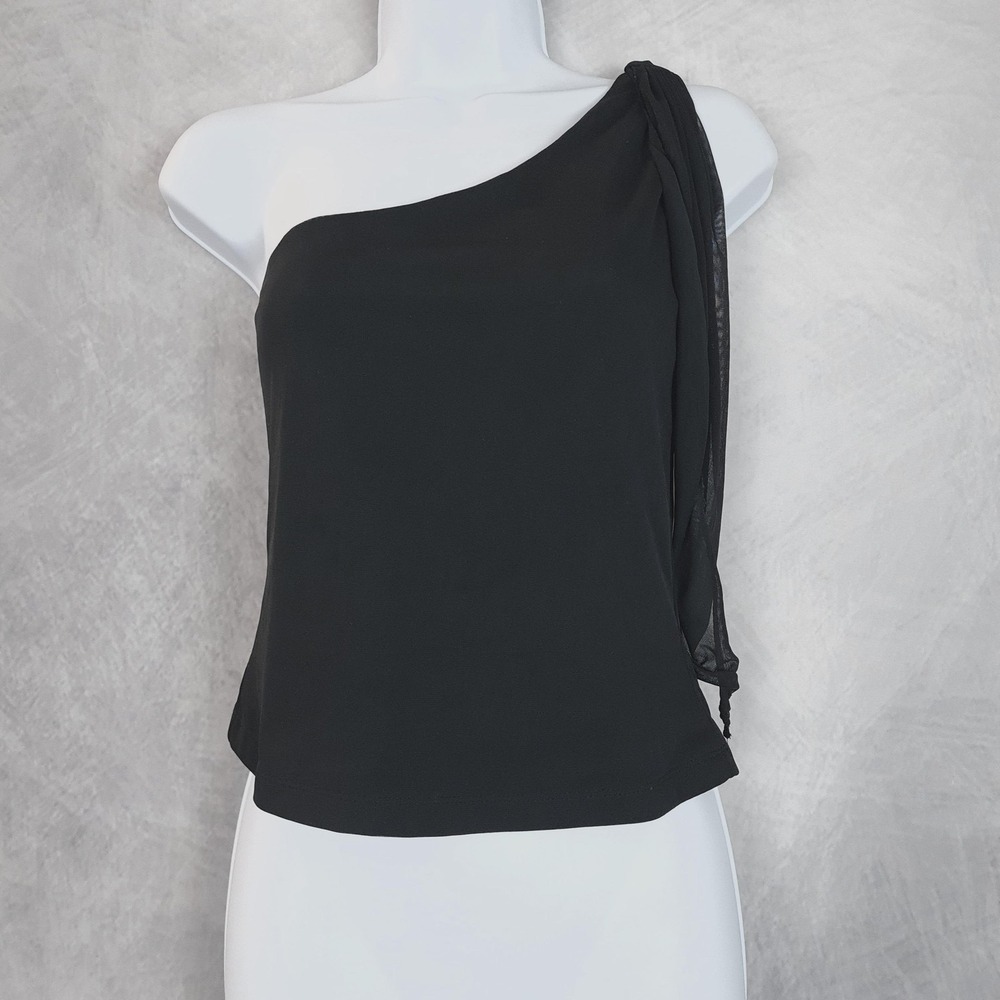 Vntg Y2K Express One Shoulder Top Womens Small Black Chiffon Drape Sleeve